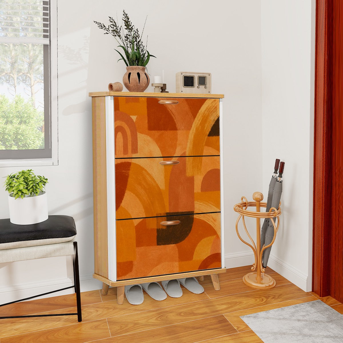 🧡 Sundown Swirl Flip-Door Shoe Cabinet – 3-Tier Boho Retro Sunset Storage