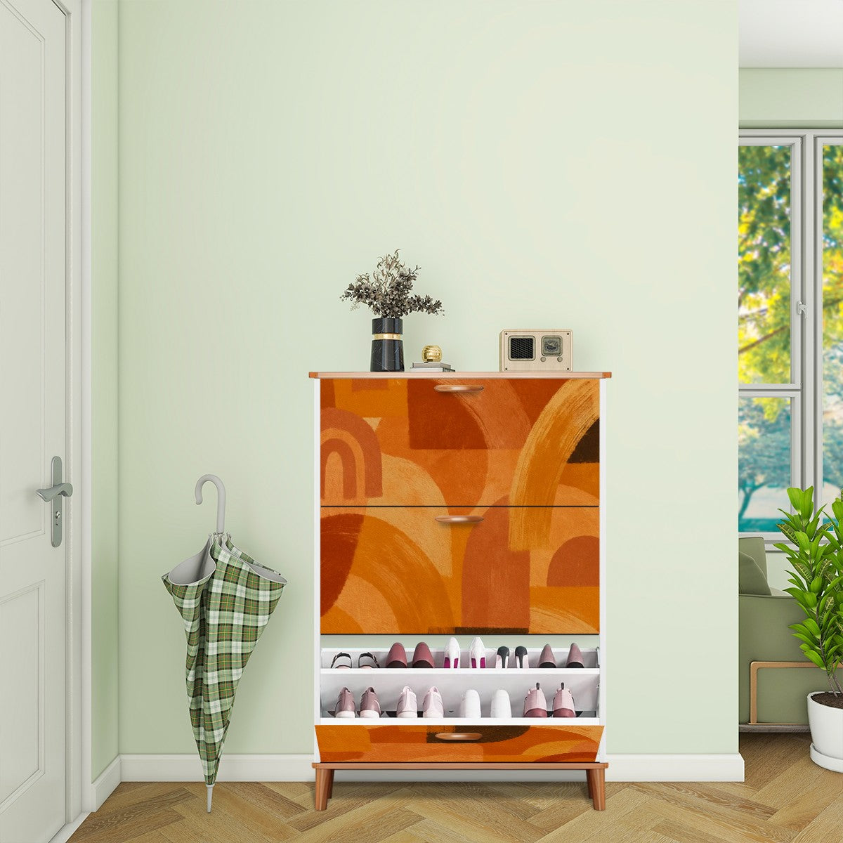 🧡 Sundown Swirl Flip-Door Shoe Cabinet – 3-Tier Boho Retro Sunset Storage