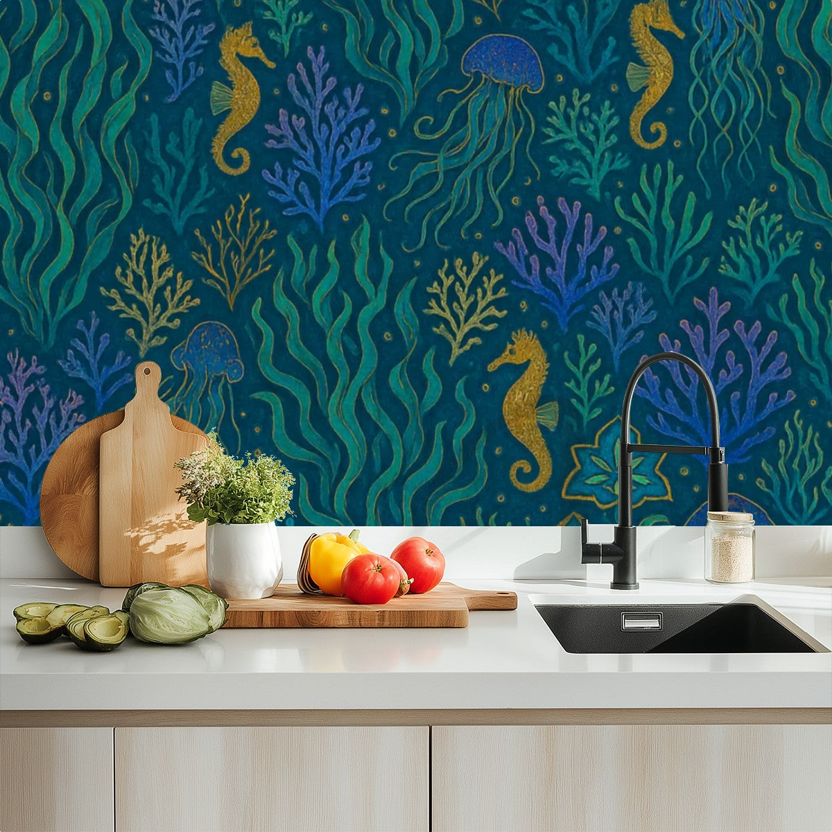 Underwater Seahorses & Coral Peel & Stick Wallpaper – 60"x50" (PVC, Waterproof, Easy Install)