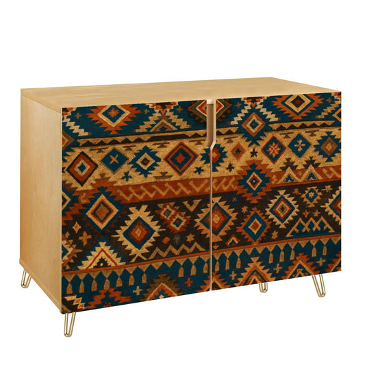 🪶 Nomad Earth Sideboard – 2-Door Boho Tribal Cabinet with Leather-Textured Aztec Print (35")
