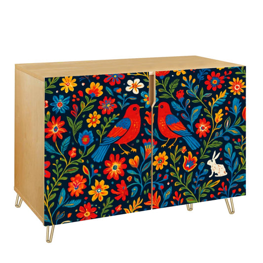 🌺 Viva Color Sideboard – 2-Door Boho Cabinet with Otomi-Inspired Folk Art Design (35")