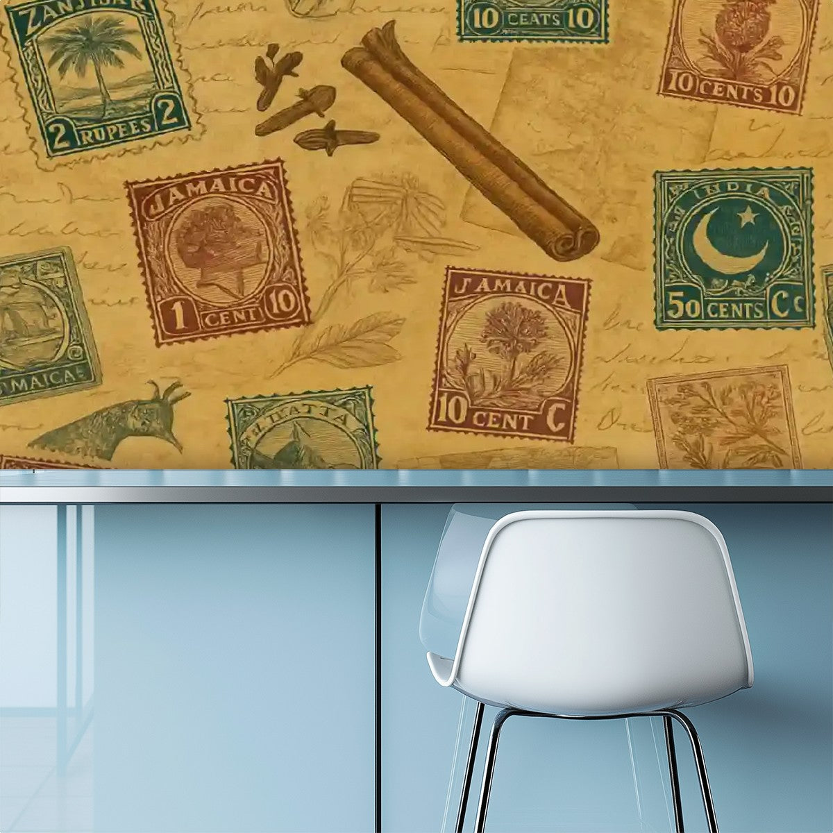 Vintage Postage Stamps & Spices Peel & Stick Wallpaper – 60"x50" (PVC, Waterproof, Easy Install)