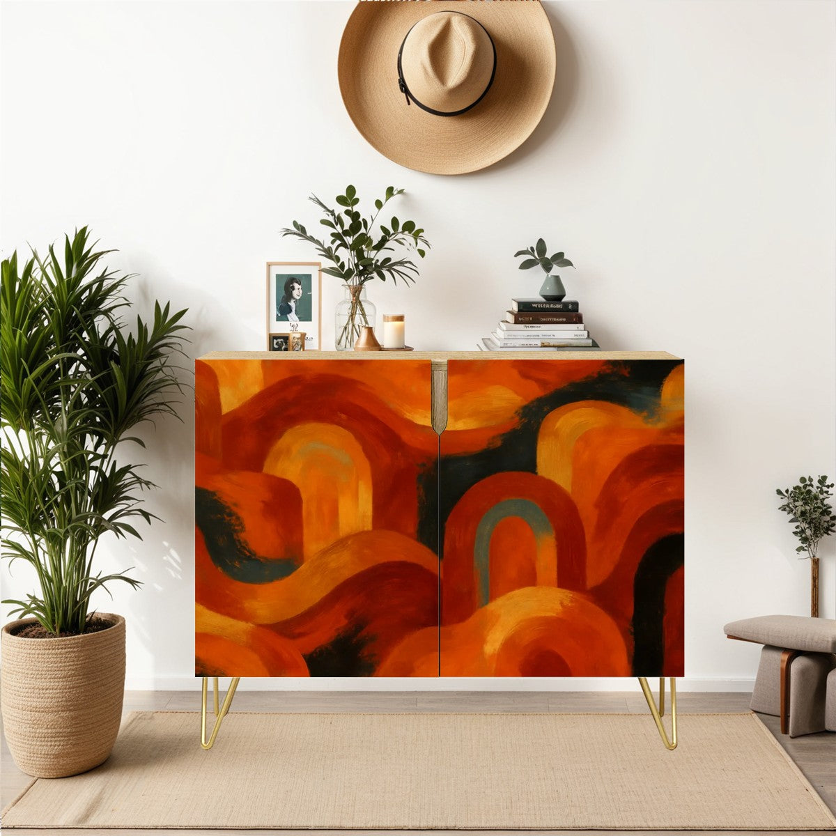 🌈 Retro Horizon Sideboard – 2-Door Boho Cabinet with Sunset Arch Leather Texture (35")