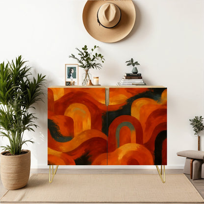 🌈 Retro Horizon Sideboard – 2-Door Boho Cabinet with Sunset Arch Leather Texture (35")