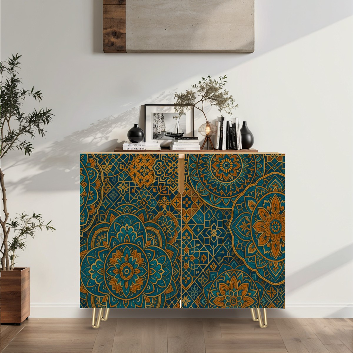 🌀 Boho Mandala Mirage Sideboard – 2-Door Cabinet with Leather-Textured Floral Tile Design (35")