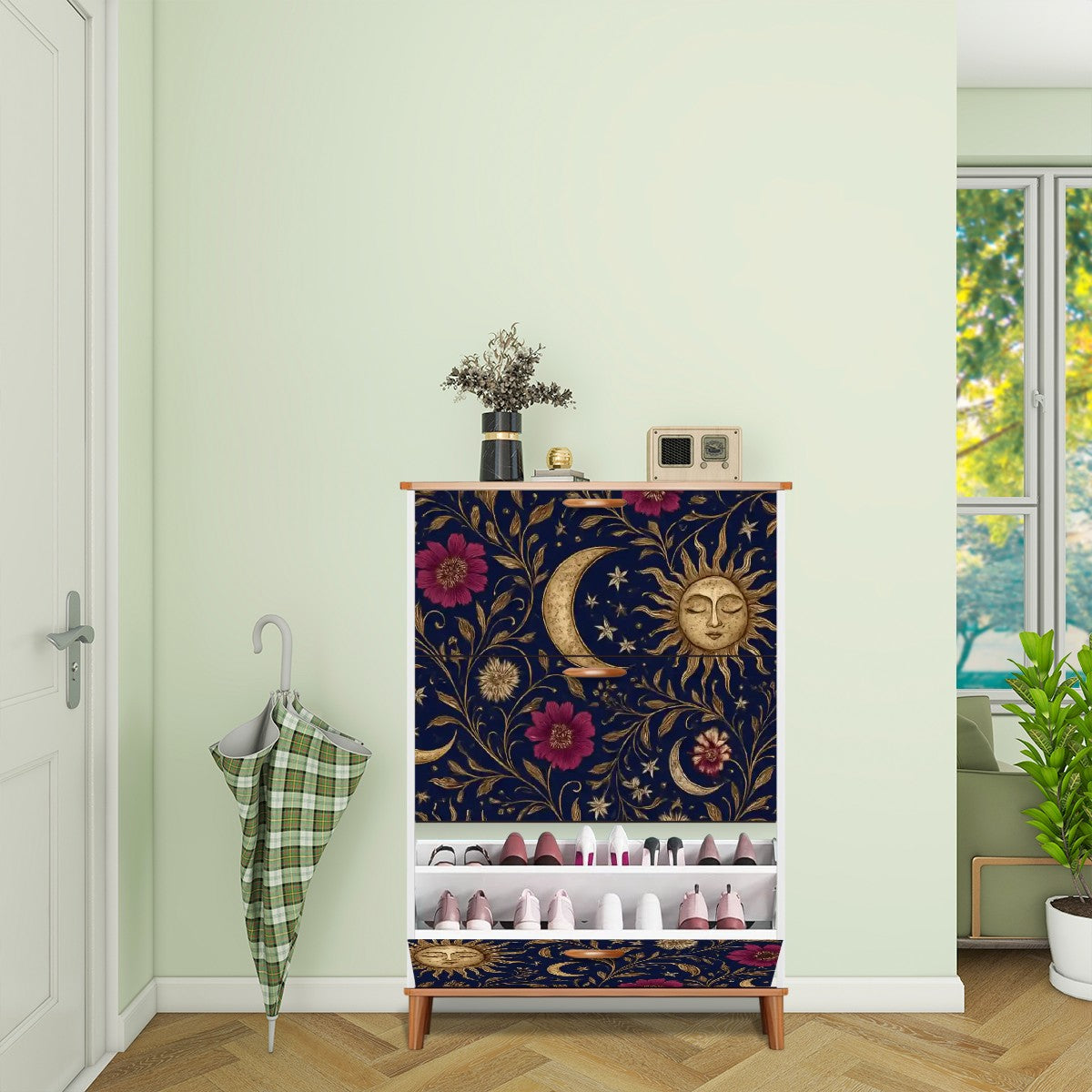 🌙 Celestial Bloom Flip-Door Shoe Cabinet – 3-Tier Boho Sun &amp; Moon Organizer