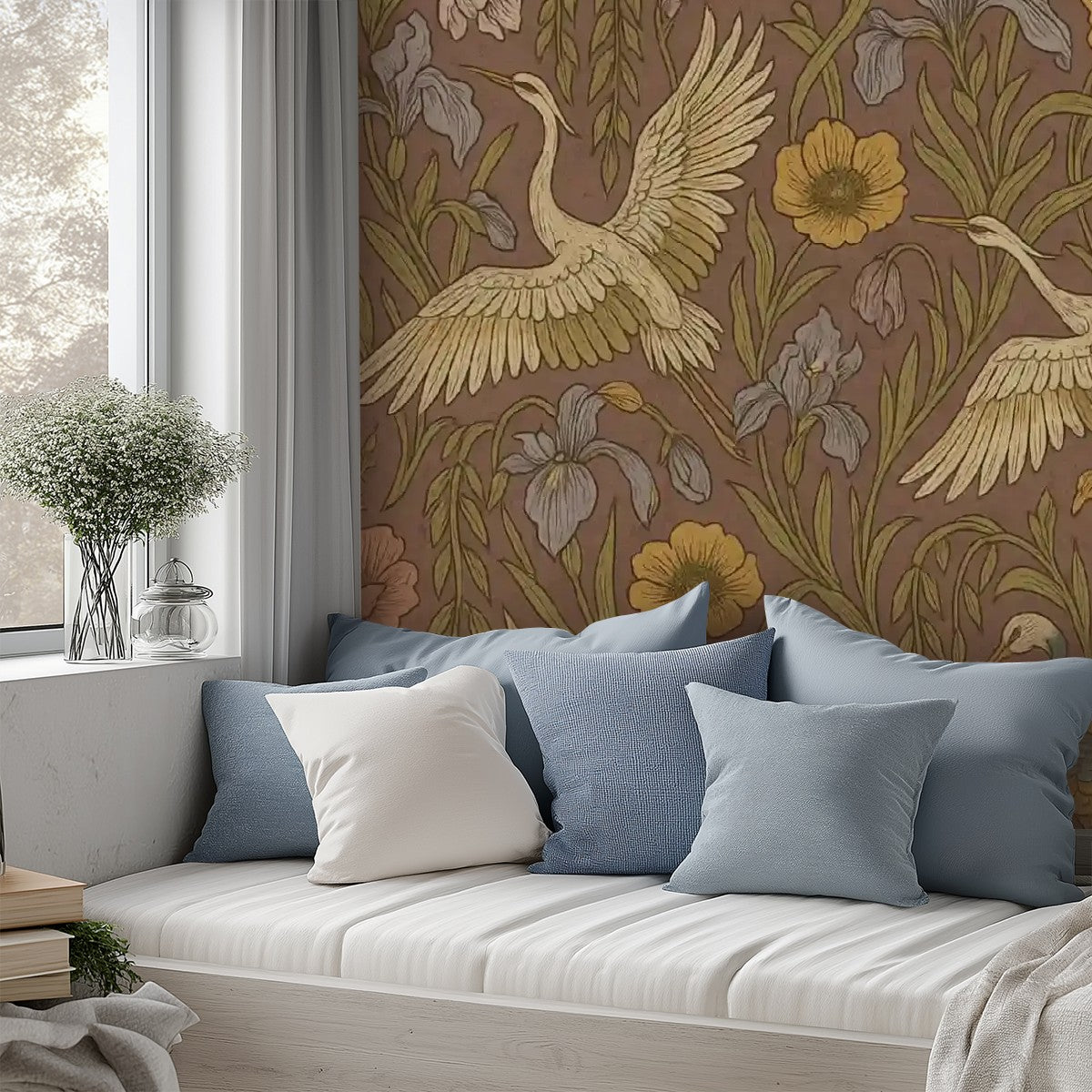 Vintage Cranes & Wildflowers Peel & Stick Wallpaper – 60"x50" (PVC, Waterproof, Easy Install)