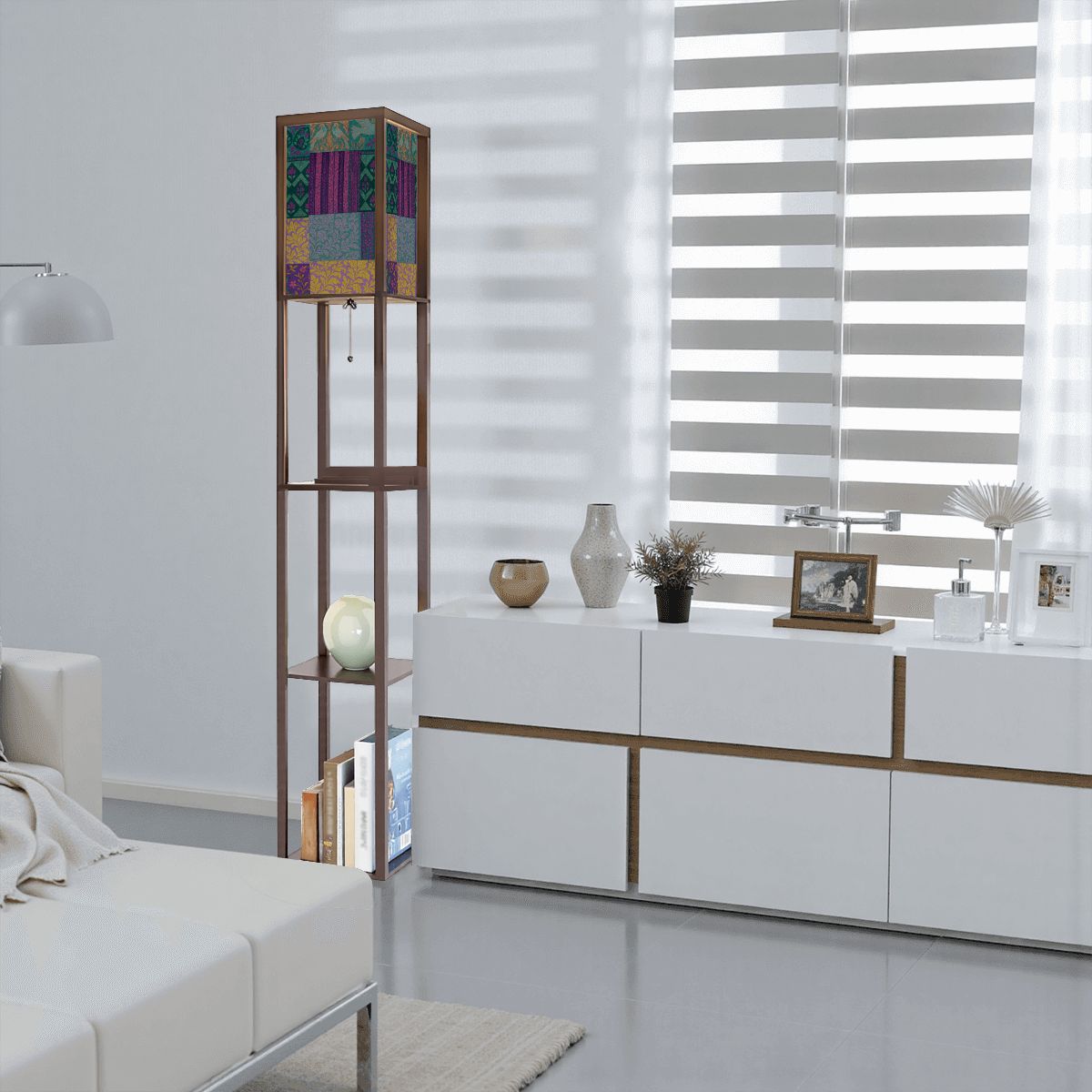 Boho Maximalist Patchwork Floor Lamp with Shelves